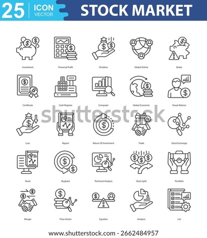 Stock Market icon sheet vector illustration investment, financial profit, dividens, global online, broke, certificate, cash register, computer, global economic, visual advisor, loss, report icon