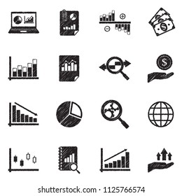 Stock Market Icons. Black Scribble Design. Vector Illustration.