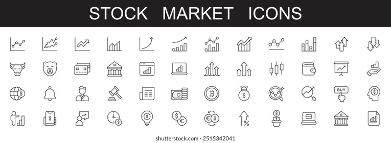 Ícones do mercado de ações. ícones editáveis da linha de traço. ilustração vetorial no fundo branco Relacionado a ações, bolsa de valores, objetivo financeiro, ações, investimento, mercado de touros, mercado de urso e investimento