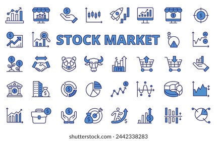 Stock market icons in line design, blue. Business, stock exchange, analysis, investment, bull, bear, candlestick, financial isolated on white background vector. Stock market editable stroke icons.