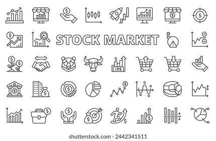 Börsensymbole im Liniendesign. Geschäft, Börse, Analyse, Investition, Stier, Bär, Kerzenständer, finanzielle isoliert auf weißem Hintergrund Vektor. An der Börse bearbeitbare Strichsymbole.