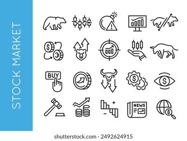 Stock market icons. Set of 20 stock market trendy minimal icons. Bear, Bull, market analysis, Stock Exchange icon. Design signs for web page, mobile app, packaging design. Vector illustration.