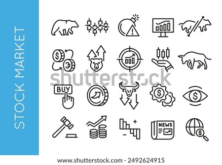 Stock market icons. Set of 20 stock market trendy minimal icons. Bear, Bull, market analysis, Stock Exchange icon. Design signs for web page, mobile app, packaging design. Vector illustration.