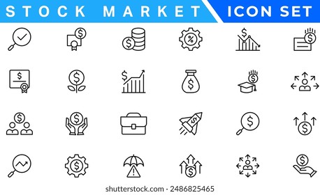 Stock market icons set with fully editable stroke thin line vector illustration with stock marketing, stock exchange, investment, shares, financial goals, bear marketing, trading, securities, money