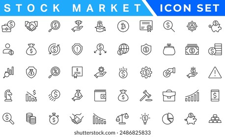 Stock market icons set with fully editable stroke thin line vector illustration with stock marketing, stock exchange, investment, shares, financial goals, bear marketing, trading, securities, money