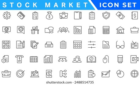 Stock market icons set with fully editable stroke thin line vector illustration with stock marketing, stock exchange, investment, shares, financial goals, bear marketing, trading, securities, money