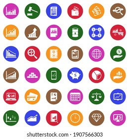 Stock Market Icons. White Flat Collection In Circle. Vector Illustration.