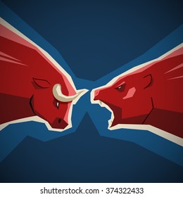 Stock market illustration - bull and bear opposition concept on deep blue background