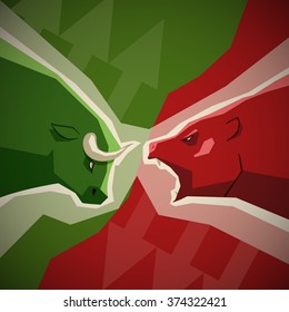 Stock market illustration - green bull and red bear opposition concept on background with up and down arrows