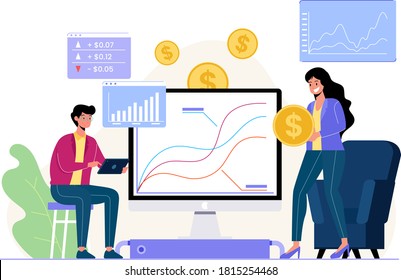 stock market. Increasing the value of global investment. Financial and economic benefits with silver and gold coins, modern flat illustration design