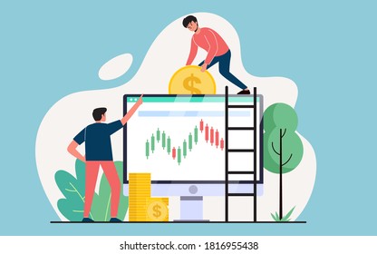 Stock market index, stock market data on the desktop with a chart of buying and selling concepts. Equity stock trading and exchange business. vector flat illustration