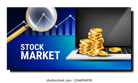 Stock Market Infographic Research Manager Vector. Internet Stock Market Chart Researching And Analyzing Investor, Earning Money Coin On Laptop Online. Template Banner Realistic 3d Illustration
