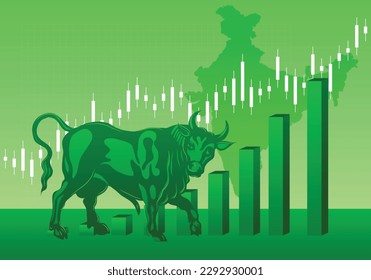 Stock market infographics with the illustration of Bull, chart and growth bar