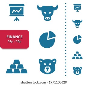 Stock Market, Investing, Investment, Finance Icons. Professional, pixel perfect icons, EPS 10 format, optimized for 32p and 16p