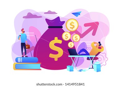 Stock market investing, online monetization. Remote job, freelance work. Passive income, rental activity income, passive income investment concept. Bright vibrant violet vector isolated illustration