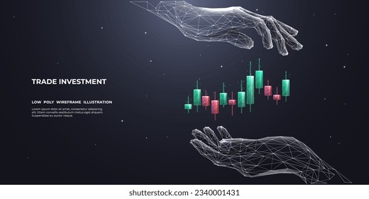 Stock Market and Investment Concept. Abstract Human Hand Holding Colored Candlestick. Protection of Graph Chart on Technological Background. Low Poly Wireframe Vector Illustration with 3D Effect.