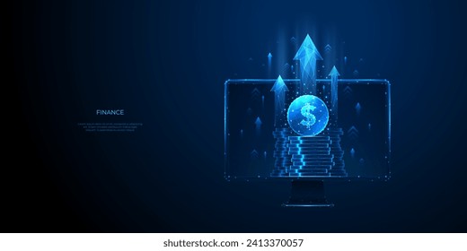 Stock market and investment concept. Digital coin dollar stack with growth arrows on a computer monitor screen. Abstract futuristic low poly wireframe style. Light blue monochrome vector illustration.