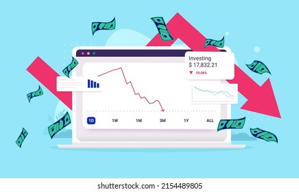 Stock market investment crash - Computer screen showing portfolio going down with red arrow. Financial loss and recession concept, vector illustration