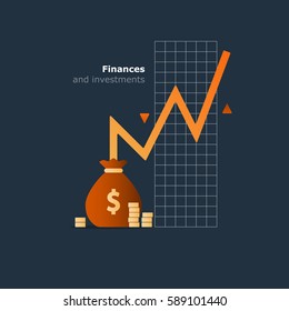 Stock market investment, financial management, budget planning icon, money saving concept, income growth, vector illustration