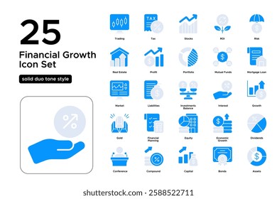 Stock Market and Investment Icons. Trading, ROI, and Financial Success. Vector Illustration. Solid duo tone icon set