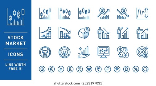 Stock market and stock investment related icon set. Line width free. Vector illustration.