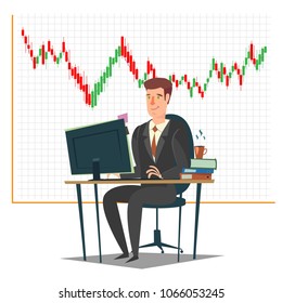Stock market, investment and trading concept vector illustration. Candlestick chart and businessman trader working at trader desk using computer.