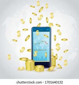 Stock market investment trading. Concept of strategy, analytics, successful result and profit growth. trend of graph vector design. On the phone screen with money around.