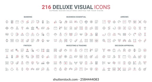 Stock market investment and trading, fintech decision approval, business deal and online marketing line icon set. Blockchain and bank payment, thin black and red outline symbols vector illustration