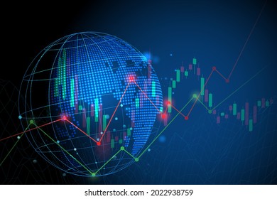 Stock market investment trading graph or forex graph with map world representing the global network line wire frame data business concept for financial investment economic trends vector illustration