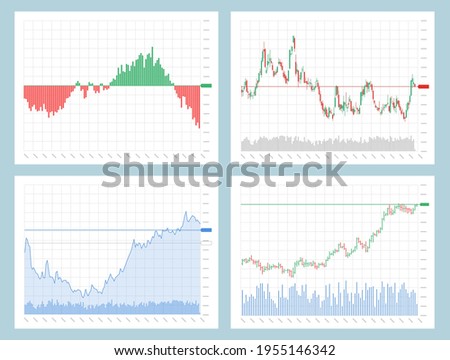 Stock market investment trading technical analysis candlestick, bar, line and area chart set. Business candle stick graph exchange trend. Trader financial investment index concept eps illustration