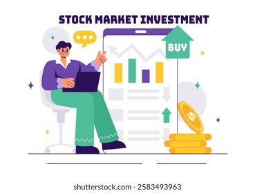 Stock Market Investment Vector Illustration featuring Business Growth, Financial Investment, and Market Analytics with Rising Arrows and Candlestick