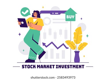 Stock Market Investment Vector Illustration featuring Business Growth, Financial Investment, and Market Analytics with Rising Arrows and Candlestick