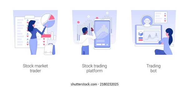 Stock market isolated concept vector illustration set. Stock market trader, trading platform, automated trading system, investment process, raising money, statistics and analytics vector cartoon.