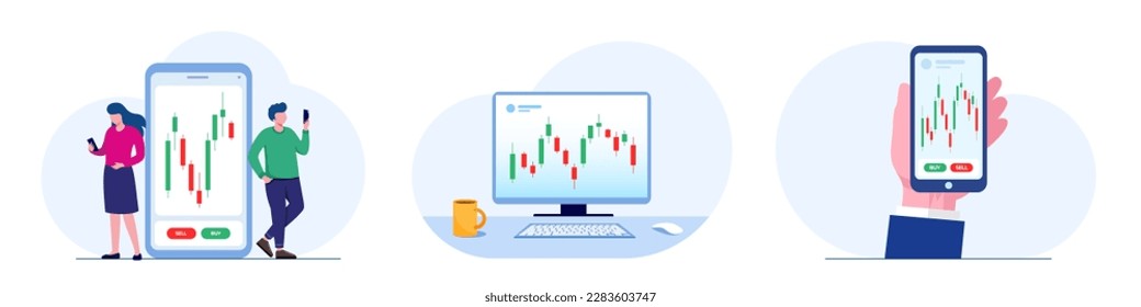 Stock market isolated set. Financial statistics, market research, investments, trading. Vector illustration for blogging, website, mobile app, promotional materials.