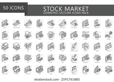 Stock market isometric 3d icons set, contain graph, money, gold, asset, bond, profit, bank, auction and more. For print, digital concept, UI, UX kit, web and app. vector EPS 10 for business, finance.