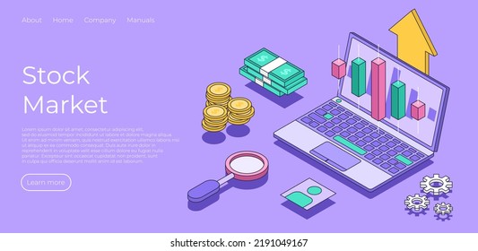 Stock market isometric landing page. Charts and Diagrams. Financial trade concept. Business and finance marketing plan for target. stock success with connect dots. Vector isometric illustration