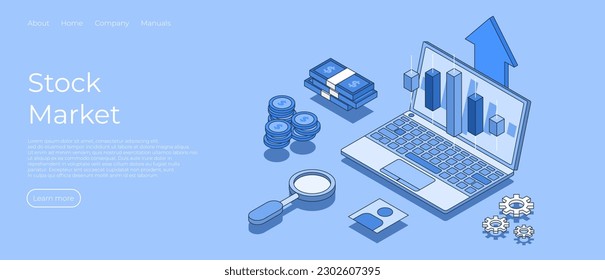 Stock market isometric scene. 3d isometric flat design. Business success. Financial review with laptop and infographic elements. Vector illustration