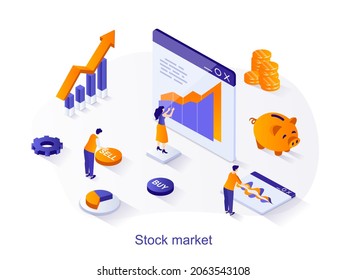 Stock market isometric web concept. People working with trading graph and candlestick chart, buy or sell, earning and investment money scene. Vector illustration for website template in 3d design