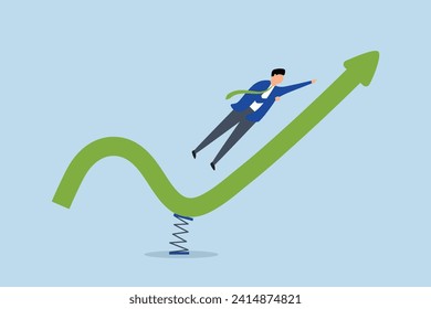 Stock market rebound, businessman jumping high on trampoline with green rising performance arrow chart.