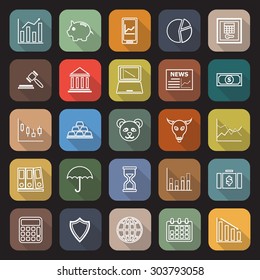 Stock market line flat icons with long shadow, stock vector