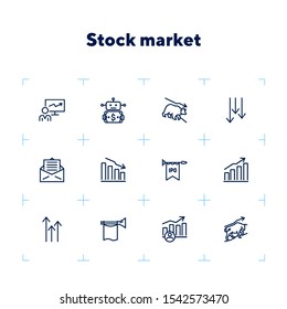 Stock market line icon set. Bear, bull, trader, IPO, charts. Finance concept. Can be used for topics like investment, assets, trading