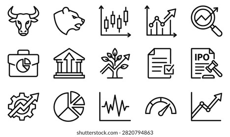 Stock market line icon set vector illustration, trading bull bear candlestick chart growth search portfolio bank ipo analytics pie gauge isolated on white background