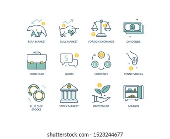 Stock Market Line Icons With Bear, Bull, Forex, Dividends, Portfolio, Quote, Blue Chip Stocks, Investment. 