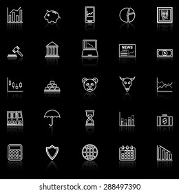 Stock market line icons with reflect on black, stock vector