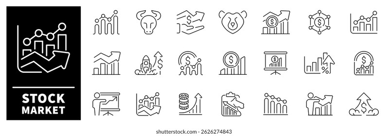 Stock market line icons set. Stock market vector icon set. Stocks, stock exchange, financial goal, shares, investment, bull market, bear market, investment related icons. editable stroke