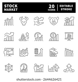 Stock market line icons set. Stock market vector icon set. Stocks, stock exchange, financial goal, shares, investment, bull market, bear market, investment related icons