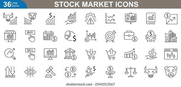 Stock market line web icons set. Bull market, bear market, sell, buy, uptrend, chart, investment, trading, market analysis and more. vector illustration.