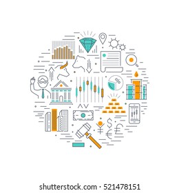 Stock market linear round composition with real estate binary options and auction currency and minerals vector illustration