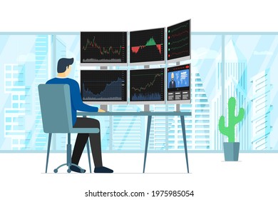 Stock market male trader in office looking at multiple computer screens with financial charts, diagrams and graphs. Business index analysis concept. Man broker exchange trading workplace illustration