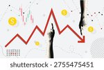 Stock Market Manipulation Concept with Falling Graph Arrow, Dollar Icons and Hands Controlling Financial Trend, Economic Crisis Illustration